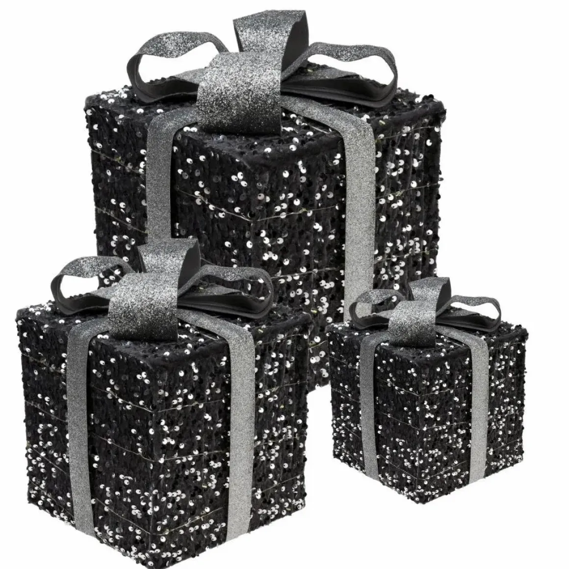 3 verlichte geschenkdozen met Led – Zilver – 15cm, 20cm, 25cm