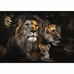 Glasschilderij leeuwenfamilie met een welpje goud