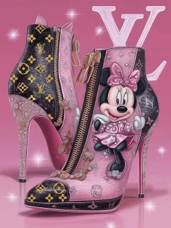 Glasschilderij met goudfolie 60x80cm Muis met roze hakken 2