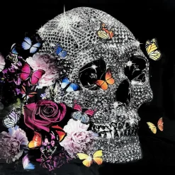 Glasschilderij met kristallen en lijst 80x80cm Doodskop met bloemen