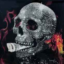 Glasschilderij met kristallen en lijst 80x80cm Rokende doodskop