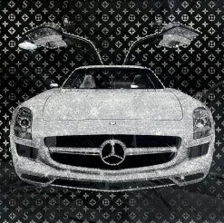 Glasschilderij met kristallen en lijst 80x80cm Auto met vliegdeuren