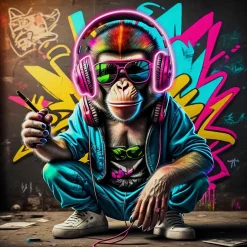 Glasschilderij met LED verlichting en lijst 80x80cm Muziek aap