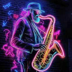 Glasschilderij met LED verlichting en lijst 80x80cm Saxofonist