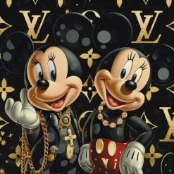 Glasschilderij Mickey Mouse met gouden ketting disney 80x80cm