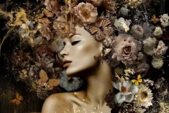 Glasschilderij Vrouw met bloemen vlinder beige