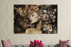 Glasschilderij Vrouw met bloemen vlinder beige