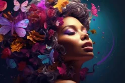 Glasschilderij Vrouw met bloemen vlinders roze paars 120x80cm