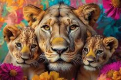 Glasschilderij 120x80cm Artistieke leeuwen tussen de bloemen