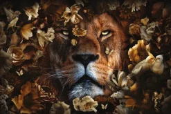 Glasschilderij 120x80cm Leeuw met bloemen