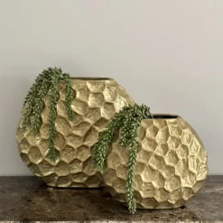 Vensterbank decoratie of side table set vaas goud met erwtenplant